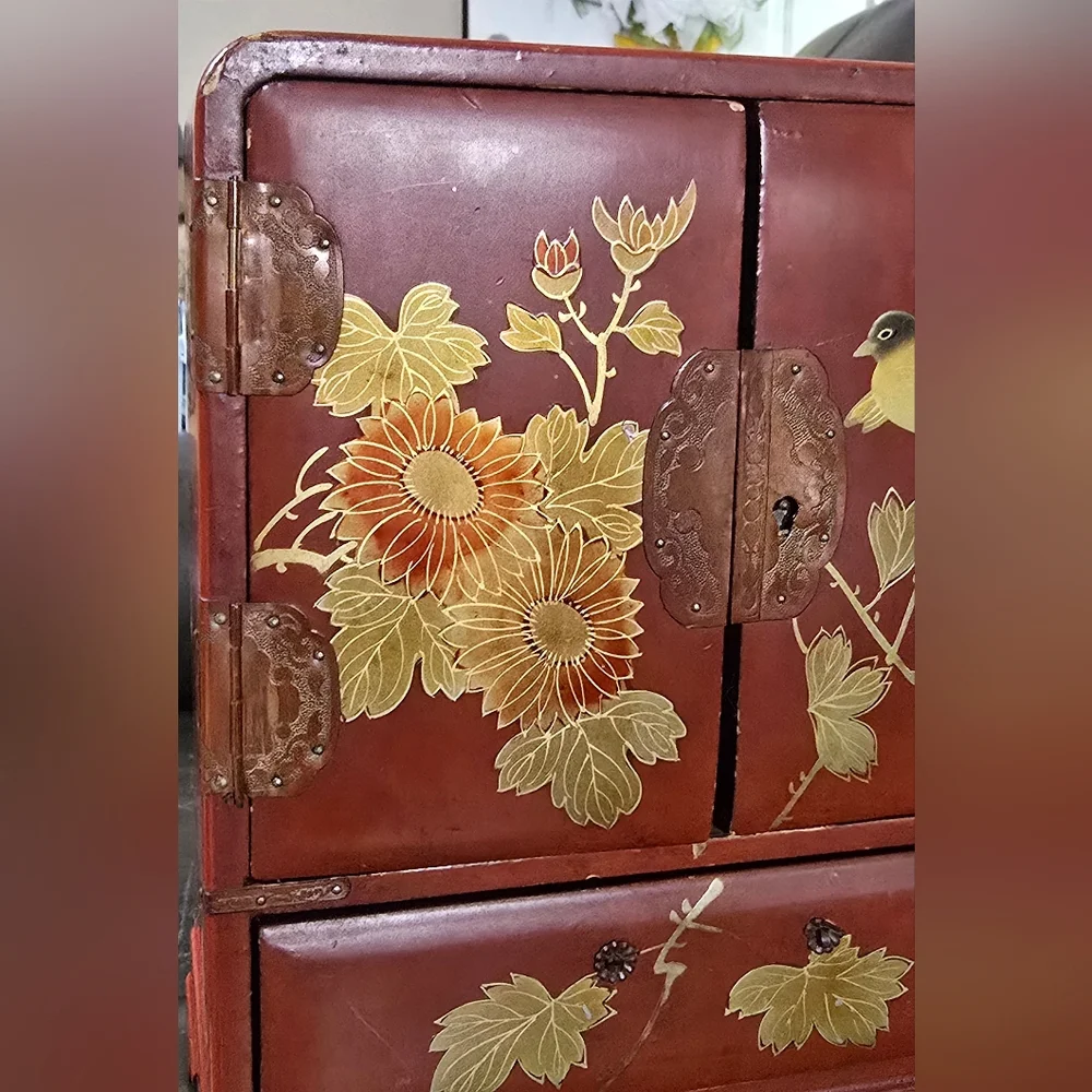 Vintage Japanese Wooden Table Cabinet Handpainted Floral & Bird Design Kodansu